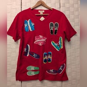 Bechamel Red V-Neck Tee with Colorful Shoe Patches